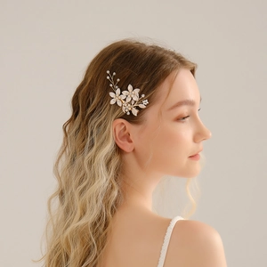 Vintage Chinese Style Handmade Flower Hair Clip With Imitation Artificial Pearl Rhinestone Golden Alloy Bridal Wedding Hair Accessory