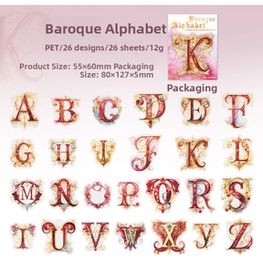 Baroque alphabet PET stickers set featuring 26 decorative letter designs for journaling