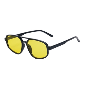 Fashionable pilot sunglasses with double-bridge black frame and yellow tinted lenses
