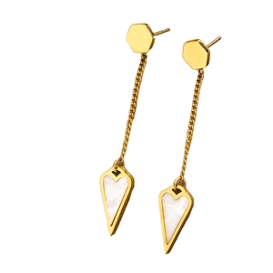 Titanium steel heart drop earrings with 18K gold plating and white shell inlay detail
