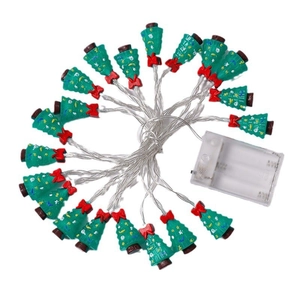 Green Christmas tree LED string lights with 20 pendants and battery box on white background