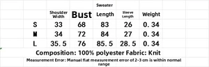 Size chart for the knitted mini dress showing measurements in centimeters and fabric details