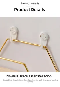 Detail of gold metal wall shelf with no-drill mounting hook and steel pins