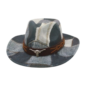 Western Cowboy Hat Patchwork Denim Retro Style With Leather Band And Metal Bull Head Decoration For Men Women