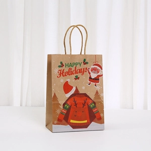Brown Christmas kraft paper gift bag with Happy Holidays print and sturdy handles