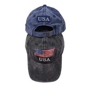 Vintage washed cotton baseball caps with USA embroidery and American flag patches