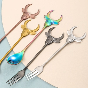 Cartoon bull head 304 stainless steel dessert spoon and fruit fork set in various finishes