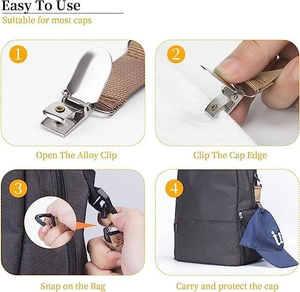 Four-step guide showing how to attach the alloy hat clip to a bag strap for travel