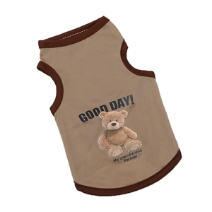 Breathable knit pet vest for summer with Good Day teddy bear print in brown and beige
