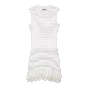 White Sleeveless Knit Dress Round Neck Ribbed Tassel Fringe Hem Elegant Chic Summer Party Mini Dress For Women