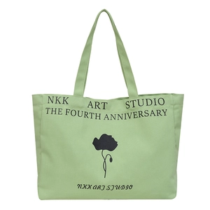 Large capacity green canvas tote bag with floral print and letter design for women