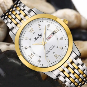 Detail of Tsohy quartz watch featuring two-tone steel band and white sunray Roman dial