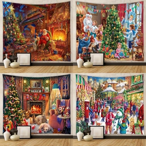 Weihnachts Wandteppich Polyester Wandbehang Kamin Weihnachtsmann Szene Heimdeko Feiertag Party Hintergrund Stoff