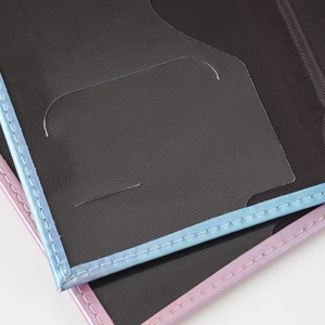 Detailed macro view of laser PU passport cover with card slot and black lining texture