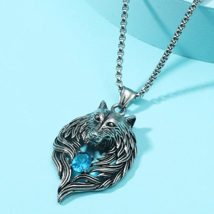 Collier Pendentif Tête De Loup En Alliage Vintage Avec Strass Bleu Argent Antique Style Punk Hommes Gothique Bijoux Animal