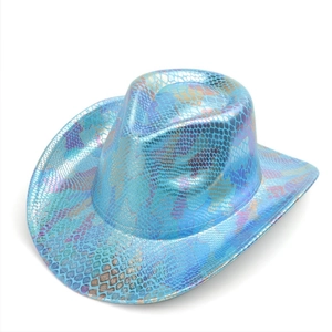 Detail of blue purple iridescent snake skin pattern on Western cowboy party hat