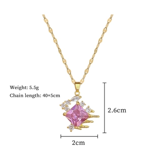 Detail of pink zircon pendant on gold chain with technical specs and size dimensions