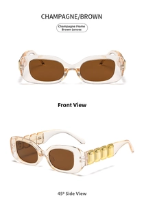 Detail view of champagne square frame sunglasses with luxury gold metal hardware