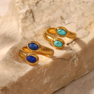 French vintage 18K gold plated steel open rings with lapis and turquoise stones
