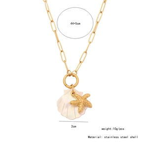 Detail view of a shell and starfish pendant necklace with length and weight measurements