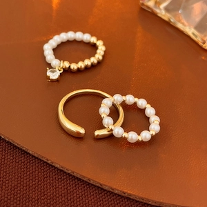 Artificial Pearl Zircon Geometric Beaded Rings Gold Plated Alloy Elastic Adjustable Fashion Elegant Women Jewelry Accessory