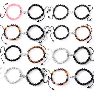 Various magnetic heart couple bracelets with matte stone and adjustable braided cords