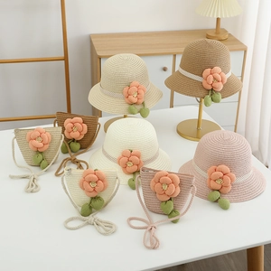 Damen Sweet Cute Papierstroh Sonnenhut Mit Passender Stoffblume Umhängetasche Für Outdoor Beach Sommer Kinder Accessoires