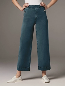 Women's dark cyan wide-leg cropped jeans with a relaxed fit and button waist detail