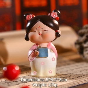Macro detail of Tang Dynasty style female figurine holding a blue scroll in a retro setting