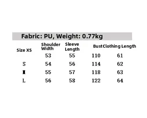 Detailed size chart for vintage PU leather jacket including shoulder and chest measurements