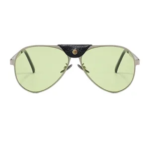 Retro aviator sunglasses with silver metal frame and leather bridge featuring gold studs