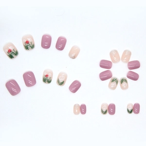 Short square purple floral press-on nails with tulip art and silver glitter finish