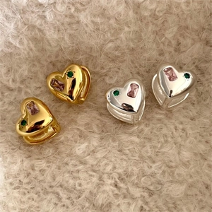Heart Shaped Hoop Earrings With 925 Sterling Silver Pink And Green Zircon Inlay Korean Ins Style Jewelry For Women
