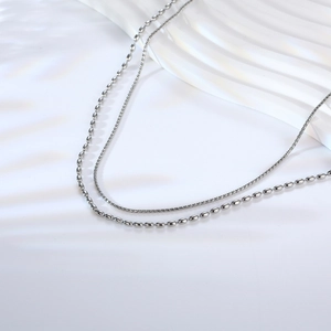 Minimalist double-layered silver titanium steel necklace with elegant bead chain detail