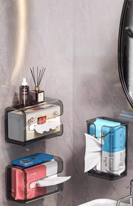 Grey acrylic tissue box for wall mounting with dual orientation and top shelf feature