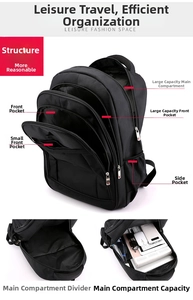 Detail view of large capacity black backpack showing multiple storage layers and laptop pocket