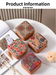 Portable square leather jewelry box set with vintage floral prints and zip closure