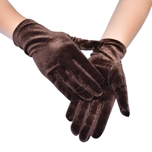 Detail view of brown elastic velvet gloves for women with a vintage glossy finish