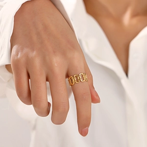 Fashionable 18K gold plated stainless steel hollow chain square ring for women worn by model