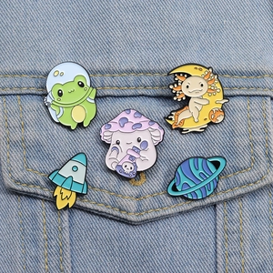 5pcs cartoon space frog and mushroom enamel pins set on a denim jacket pocket