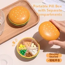 Dettaglio del portapillole portatile a forma di burger con sei scomparti e chiusura magnetica