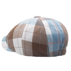 British style plaid beret featuring brown and blue checks with elastic back design