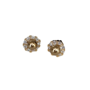 French vintage style round golden pearl stud earrings with zircon halo and gold plating