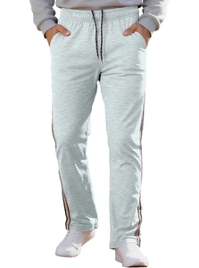 Men's light grey athletic joggers with side stripes and adjustable drawstring waist