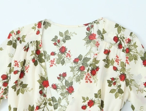 Detail of V-neckline on a floral wrap dress featuring red roses on a beige chiffon fabric