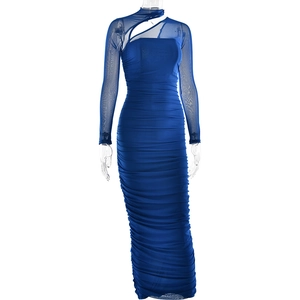 Detail of blue mesh long sleeve dress with ruched fabric and asymmetric shoulder design