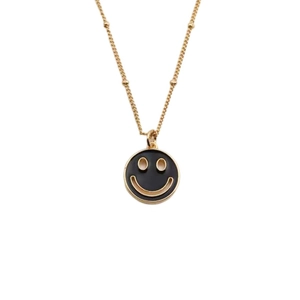 Gold plated bead chain necklace with black enamel smiley face pendant for women