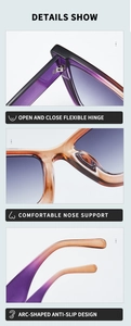 Detail view of cat eye sunglasses showing gradient frames, flexible hinges, and nose pads