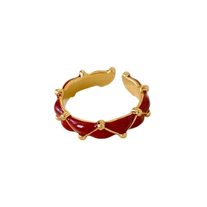 24K gold plated vintage ripple open ring with elegant red enamel finish