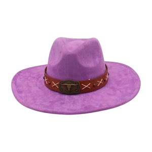Close-up detail of a purple western cowboy hat with a brown band and bull buckle